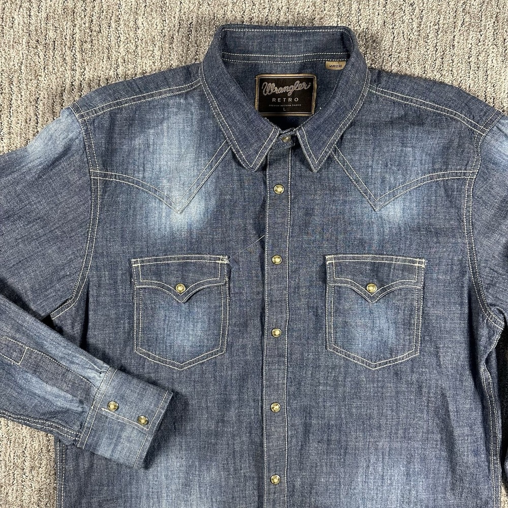 Wrangler Retro Men's Lg Brown Pearl‎ Snap Long Sleeve Denim Cowboy Western Shirt
